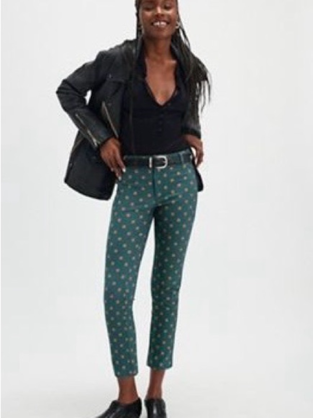 Free People Molly Printed Emerald Combo With Orange Polka Dot Slim Ankle Pants